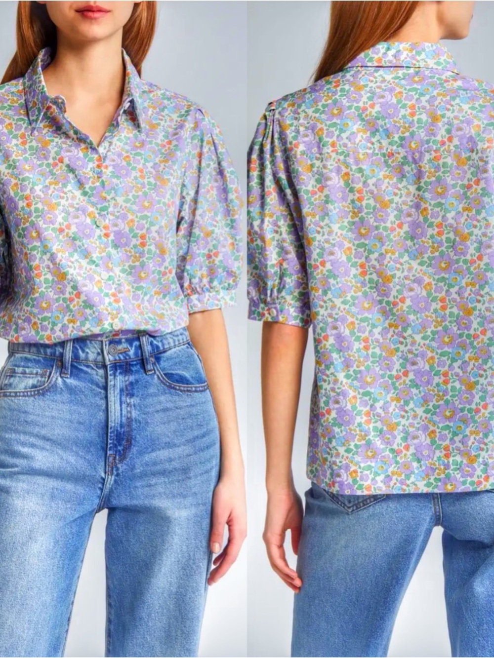 NWOT Liberty London Floral Puff Sleeve Cotton Shirt Size Large $215